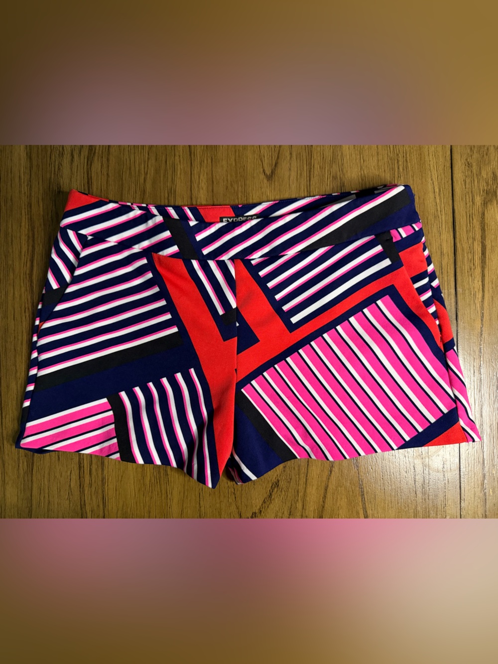 Striped Geometric Mini Shorts in Pink, Navy & Red